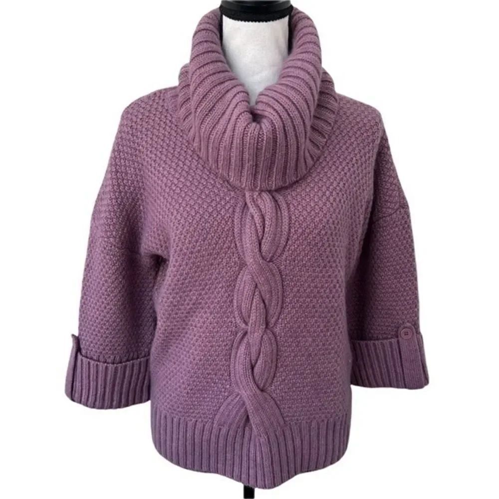 Talbots Sweater Small Mauve Purple Cable Knit Cowl Neck Roll Tab Sleeve Pullover